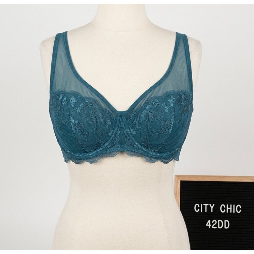 City Chic Bra Boudoir 42DD Teal Green Lace Unlined Full Coverage Sheer Underwire